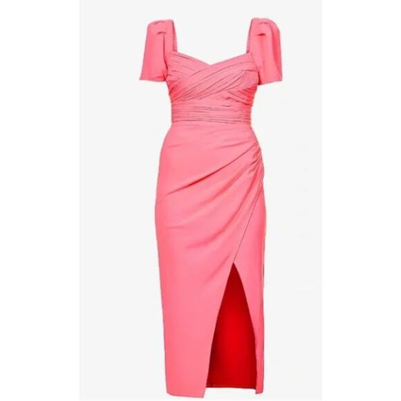 Self-Portrait Iris Pleated Sleeve Pink Criss-Cross Bodice Midi Dress 6 Crepe - Picture 8 of 16